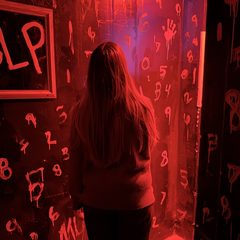 A player facing a blood-red wall of scrawled numbers inside the Kidnapped escape room